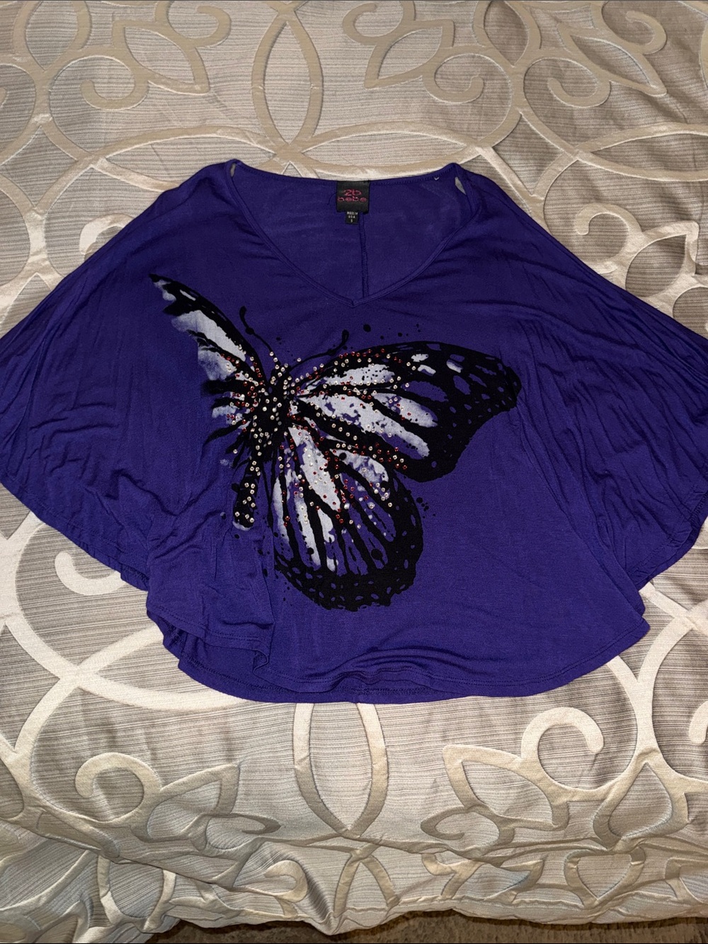 bebe Purple Butterfly V-Neck Tunic Top